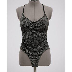 Mossimo One-Piece Swimsuit - Grey & Black Jacquard Damask - Lace-Up Back XL‎